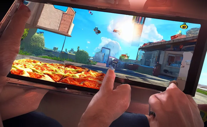 Image similar to fpv pov video game of pizza delivery guy pizza in hand knocking on door, gameplay footage unreal engine, octane, fpv, gameplay screenshot