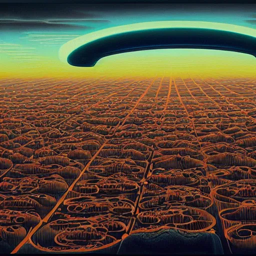 Prompt: prompt : big alien spaceship shaped like cloud hanging above city by jeffrey smith, oil on canvas