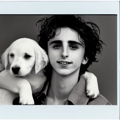 Image similar to timothy chalamet and a puppy, leica s, 5 0 mm lens, kodachrome, 1 9 6 9, shot by platon - h 8 0 4