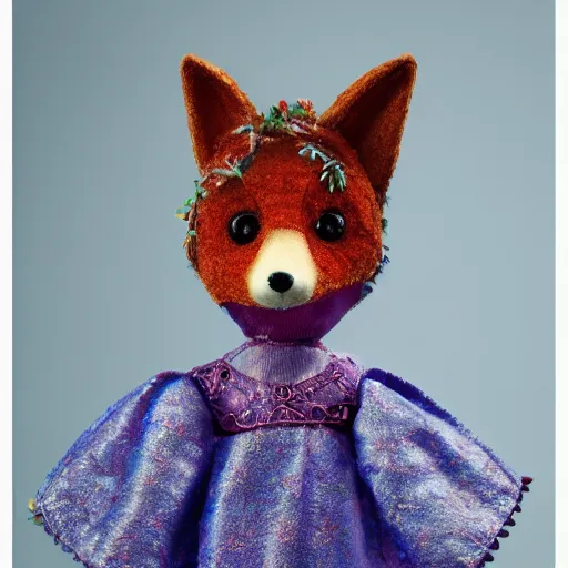 Image similar to a saturated view of a toy fox wearing a beautiful dress, highly detailed, exquisite, fabulous