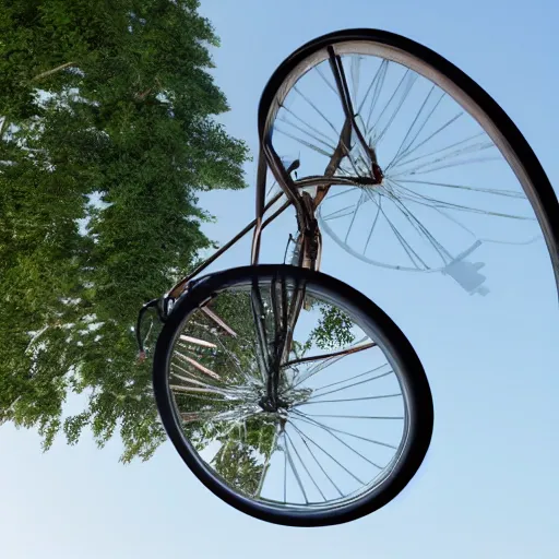 Image similar to A flying bike, the bike is flying in the air, the photo was taken from the ground looking up at the sky, realistic, ultra high detail, 8k.