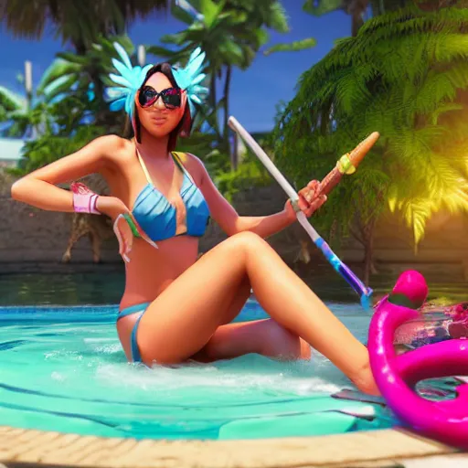 Prompt: pool party Akali catching the Hawaiian sun (League of Legends). 3d render, octane render, iRay, ray tracing, realistic, highly detailed, trending on artstation, 4k, cgsociety, unreal engine 5, redshift render, blender cycles, behance, cg