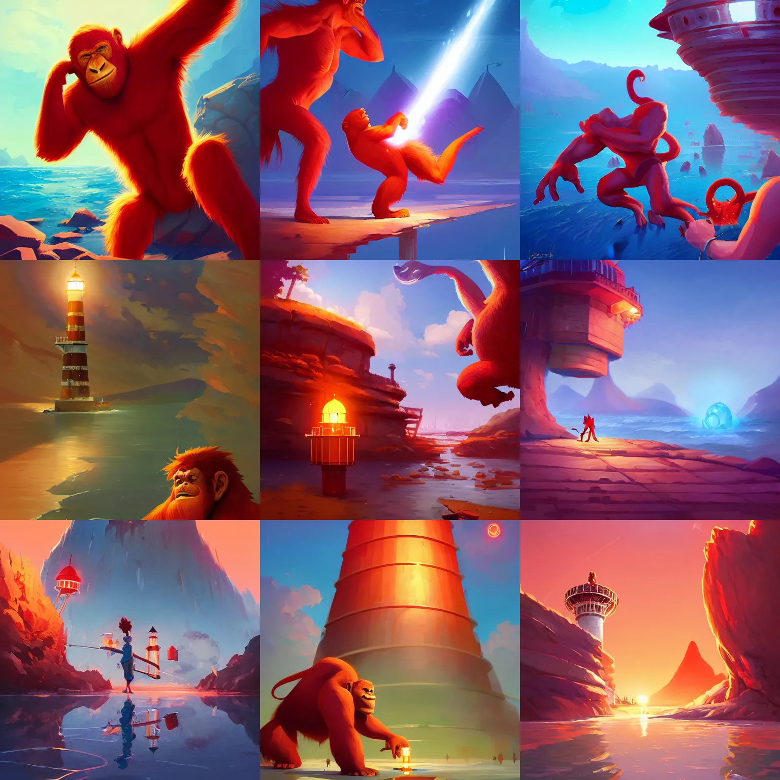 Prompt: hero world atari, red orangutan shake lighthouse as big shaker, behance hd by jesper ejsing, by rhads, makoto shinkai and lois van baarle, ilya kuvshinov, rossdraws global illumination