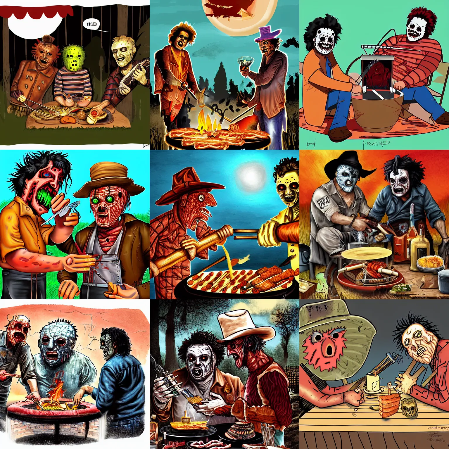 Prompt: Leatherface and Jason having a barbeque with Freddy Krueger, digital art