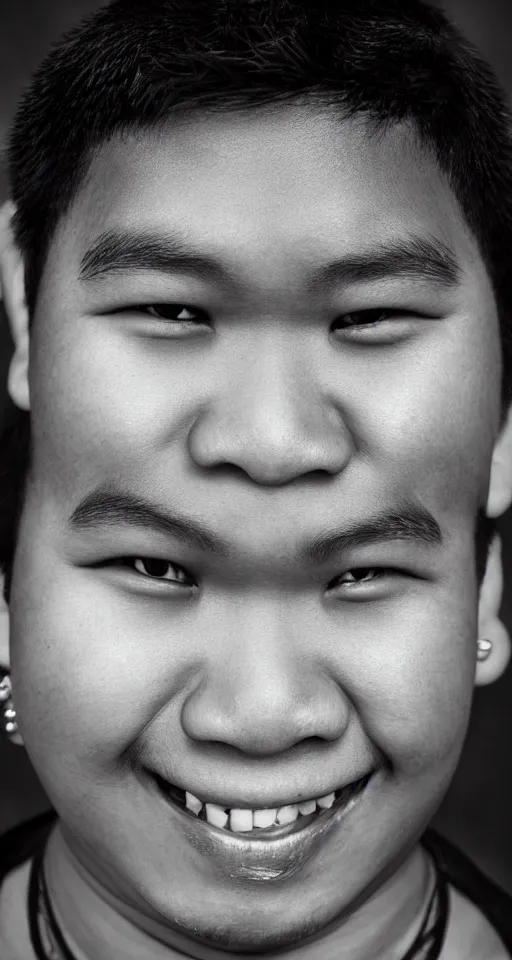Prompt: close up photograph of just one single fat filipino teenage man smiling with crooked teeth, a curly perm, peach fuzz mustache, small studded earings, 4 k, photorealistic, high detail by yousuf karsh