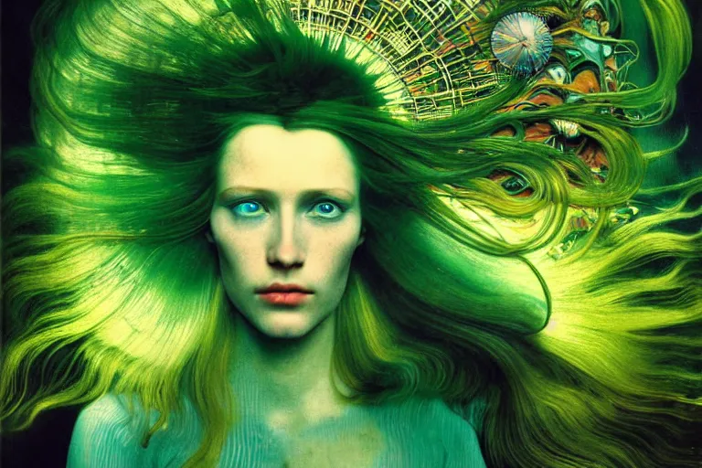 Prompt: realistic detailed photorealistic film portrait shot of a beautiful green haired woman in a crowded futuristic moscow street by Denis Villeneuve, Amano, Yves Tanguy, Alphonse Mucha, Ernst Haeckel, Andrei Tarkovsky, Edward Robert Hughes, Roger Dean, rich moody colours, wide angle, blue eyes