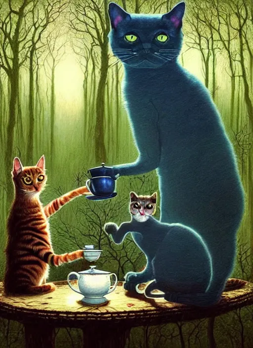 Image similar to cat having tea with a witch in the woods gorgeous lighting, lush forest foliage blue sky a hyper realistic painting by chiara bautista and beksinski and norman rockwell and greg rutkowski weta studio, and lucasfilm