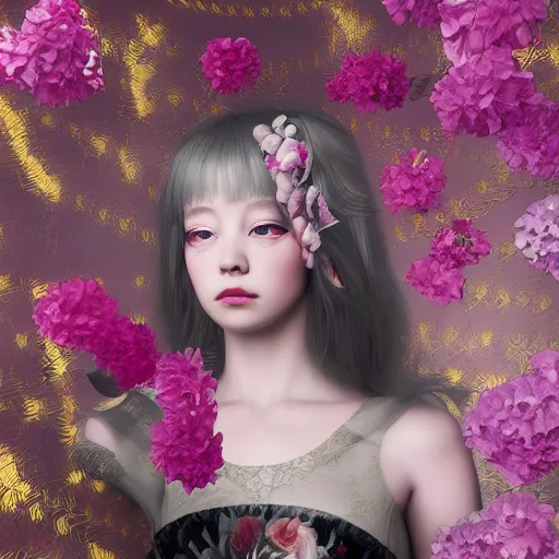 Image similar to 8k, octane render, realism, tonalism, renaissance, rococo, baroque, portrait of a young lady wearing long harajuku manga dress with flowers and skulls, background chaotic gold leaf flowers