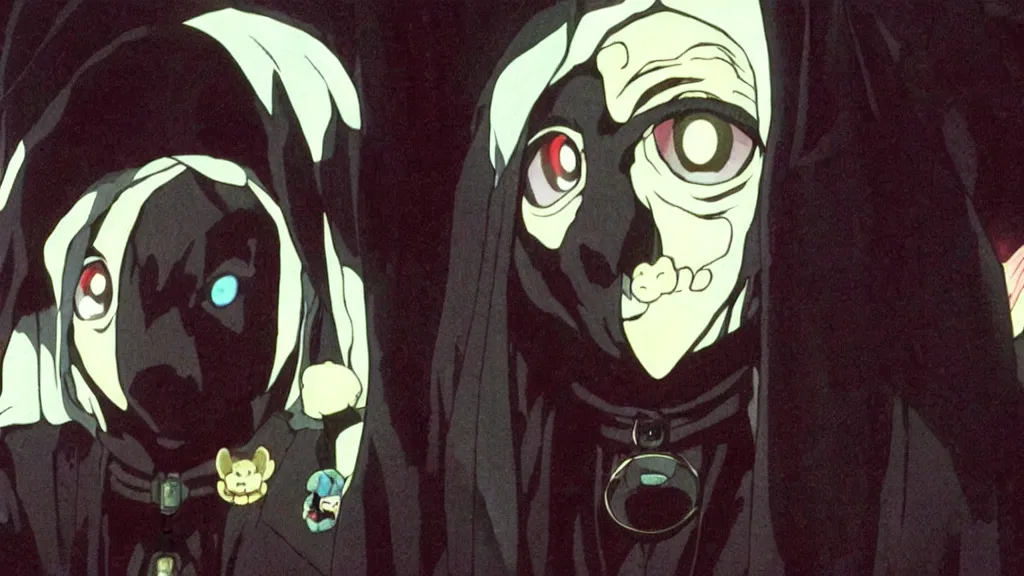 Image similar to a man wearing black priest clothes and a black rabbit mask standing in a black obsidian church, anime film still from the an anime directed by Katsuhiro Otomo with art direction by Salvador Dalí, wide lens