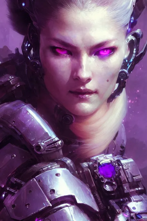 Image similar to extreme close up, facial portrait, woman with a long black ponytail in purple sci - fi armor, kitsune inspired armor, mechanical armor, cybernetic hands, stoic, grim dark, moody, portrait dnd, painting by gaston bussiere, craig mullins, greg rutkowski, yoji shinkawa