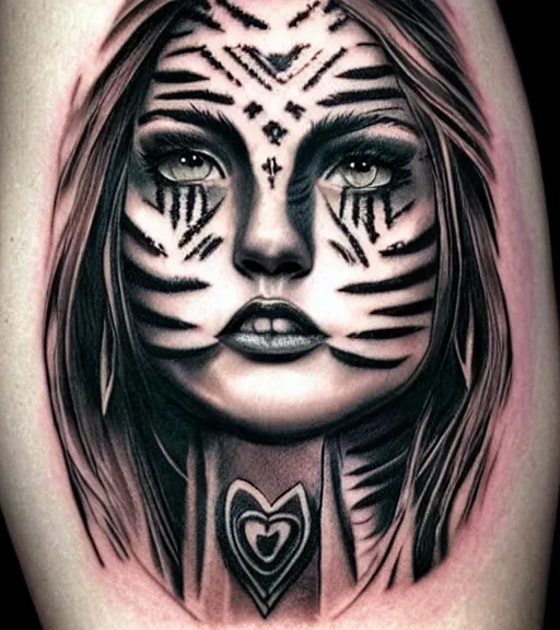 Prompt: tattoo design of a beautiful girl warrior, above the girl there is a tiger head, hyper realistic, realism tattoo, by eliot kohek, beautiful eyes, realistic face, black and white, white background