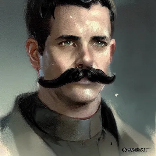 Prompt: portrait of a man by greg rutkowski, british features, short black hair in military style, moustache, perfect military composure, wearing gray imperial captain uniform, star wars expanded universe, he is about 4 0 years old, highly detailed portrait, digital painting, artstation, concept art, smooth, sharp foccus ilustration, artstation hq