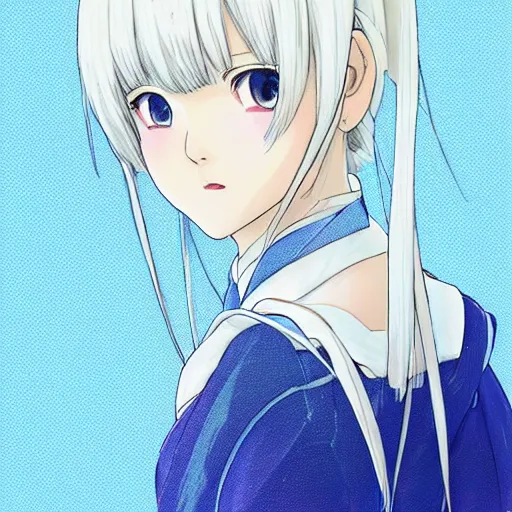 Prompt: Portrait of a japanese princess young lady, with white hair and bangs!!!! BLUE EYES, BLUE EYES beauty artwork by Makoto Shinkai, Studio Ghibli, white hair, ayaka genshin impact, ayaka, ayaka game genshin impact, ayaka, extremely detailed, beautiful, establishing shot, artistic, shadows, high quality, unreal engine, overwatch art team