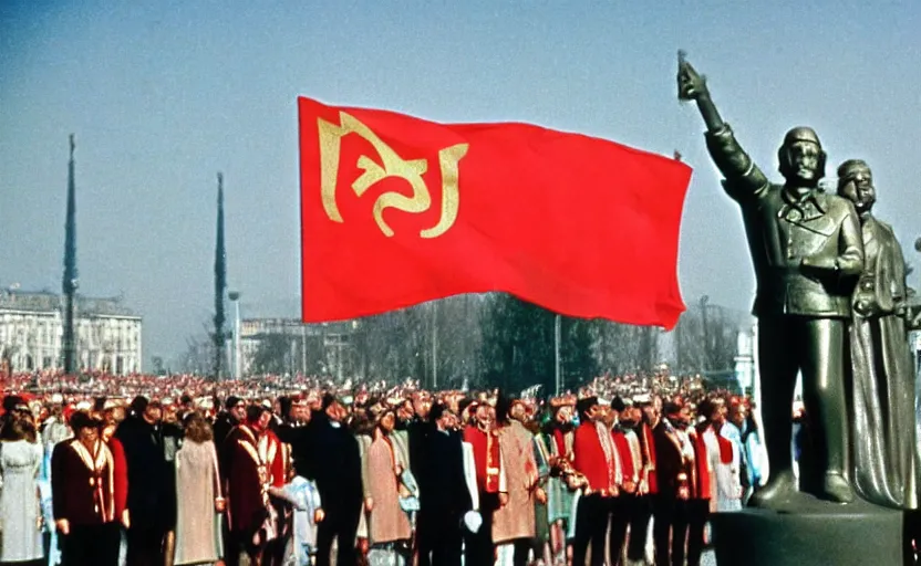 Image similar to 60s movie still of a soviet's ceremony with CCCP flags and a large bronze statue of Karl Marx stanilist style palace backround, by Irving Penn , cinestill 800t 35mm eastmancolor, heavy grainy picture, very detailed, high quality, 4k, HD criterion, precise texture