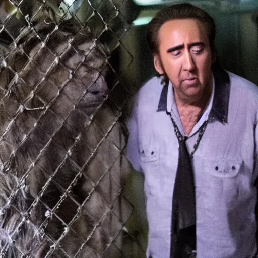 Prompt: nicolas cage trapped in a zoo cage