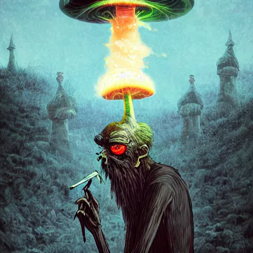 Image similar to 4 k headshot portrait of a psychedelic demonic anthropomorphic wendigo smoking a hand - rolled cigarette smoking heavily, magic mushroom village in background. award winning. superb resolution. in the art style of junji ito and greg rutkowski. detailed mushroom city in background. hyper realistic anime. perfect art. dalle 2