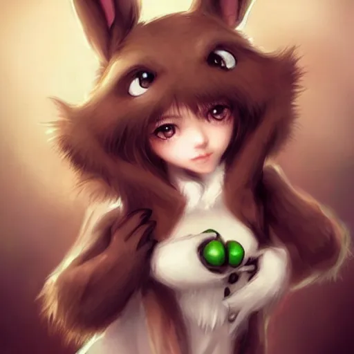 Image similar to cute anthropomorphic bunny, green eyes, brown fur, wlop, artgerm, royo