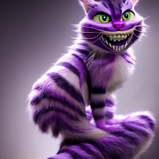 Image similar to full body pose, hyperrealistic photograph of the cheshire cat as a woman, dim volumetric lighting, 8 k, octane beautifully detailed render, extremely hyper detailed, intricate, epic composition, cinematic lighting, masterpiece, trending on artstation, very very detailed, stunning, hdr, smooth, sharp focus, high resolution, award, winning photo, dslr, 5 0 mm