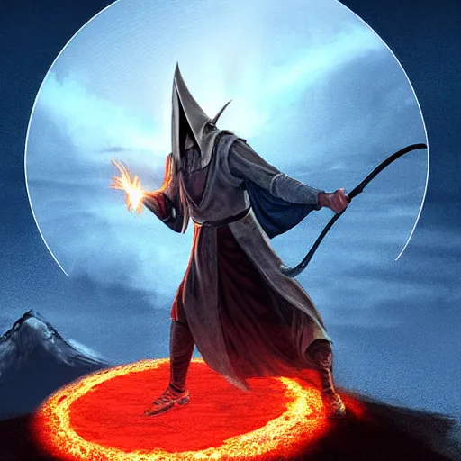 Prompt: Gandalf playing tennis with Sauron in front of Mount Doom. Sauron is wearing his full body armor. Digital Art, lava, dark, dramatic lighting