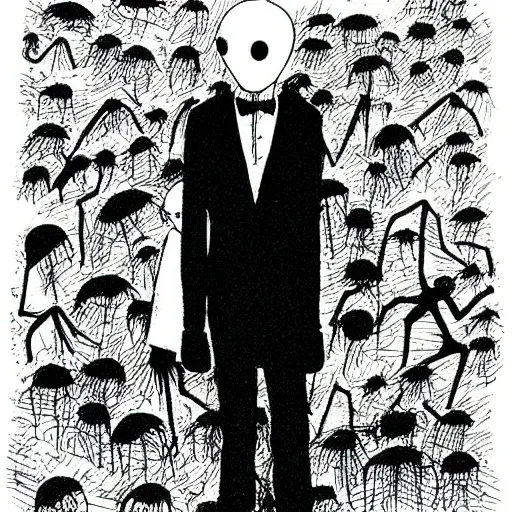 Image similar to “slenderman standing over a girl on a slide, style of Edward Gorey”