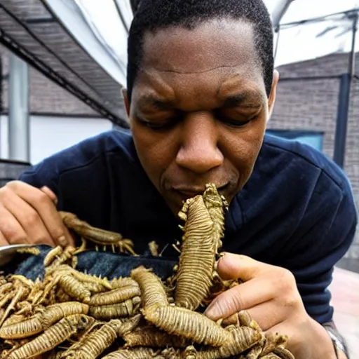 Image similar to john coltrane snuggling a giant mealworm