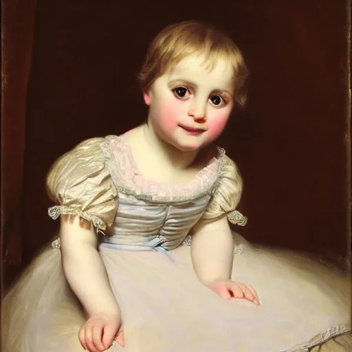 Image similar to portrait of a german toddler princess sitting down in a silk lavender gown, circa 1 8 3 7, by carl joseph begas, highly detailed, beautiful, oil on canvas, 1 8 3 0 s, romanticism