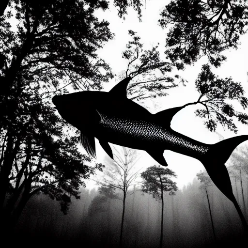 Prompt: a gloomy fish swimming through trees in a black and white forest