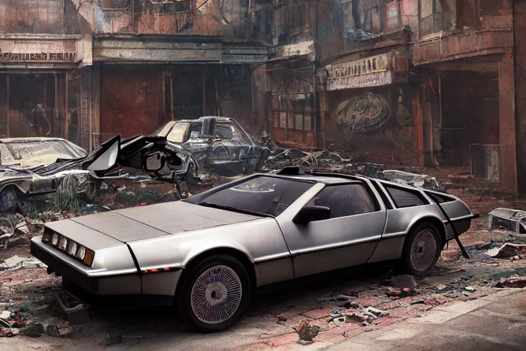 Image similar to highly detailed photograph of a delorean parked on the streets of a cyberpunk abandoned city, doors are open, by greg rutkowski and stanley artgerm and alphonse mucha, octane, sharp focus, hyperrealistic, masterpiece