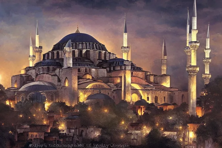 Prompt: historicaly accurate medieval istanbul and hagia sophia scenery landscape, lord of the rings,, rule of thirds, sunset, highly detailed, perfect lighting, perfect composition, 4 k, artgerm, derek zabrocki, greg rutkowski