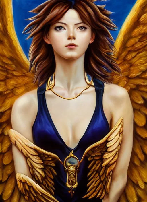 Image similar to full body oil painting of tracer overwatch in the style of evelyn de morgan, angel wings, dramatic painting, symmetrical composition, wearing gold detailed choker, golden chains, detailed face and eyes,