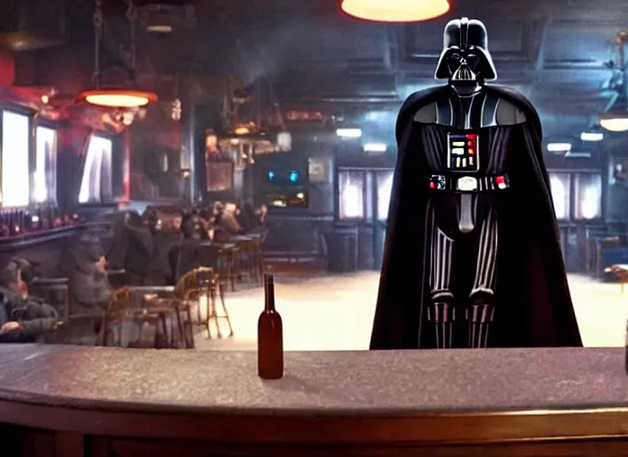 Image similar to film still of Darth Vader goes to a bar in the new Star Wars movie, 4k