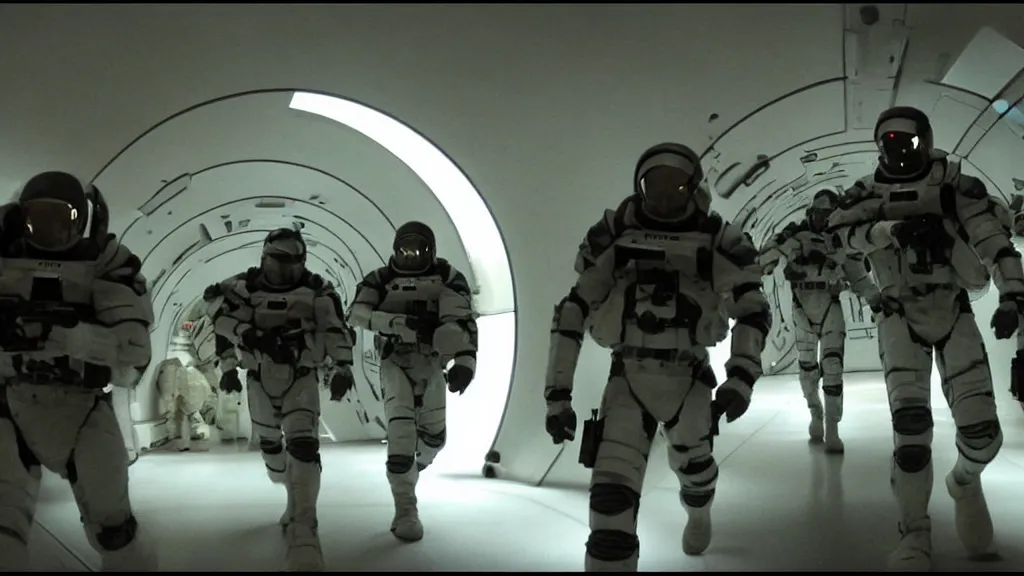 Image similar to sci-fi action movie cinematography of space soldiers moving tactical formation through spaceship corridor. By Emmanuel Lubezki