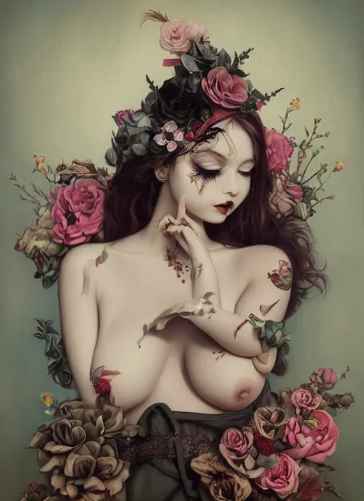 Image similar to pop surrealism, lowbrow art, realistic seductive cute woman painting, body harness, japanese shibari with flowers, hyper realism, muted colours, rococo, natalie shau, loreta lux, tom bagshaw, mark ryden, trevor brown style,