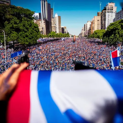 Image similar to Lady Gaga as president, Argentina presidential rally, Argentine flags behind, bokeh, giving a speech, detailed face, Argentina