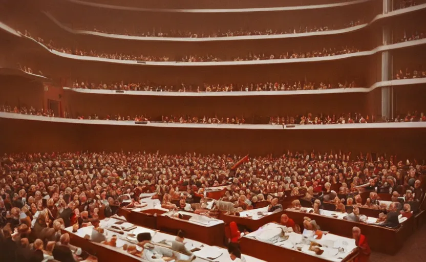 Image similar to 60s movie still of a CCCP congress in a stalinist style parlement, by Irving Penn , cinestill 800t 35mm eastmancolor, heavy grainy picture, very detailed, high quality, 4k, HD criterion, precise texture