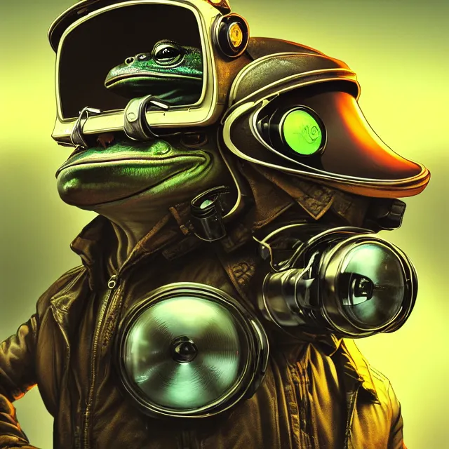 Image similar to a portrait of an anthropomorphic cyberpunk frog in a motorcycle helmet, detailed render, tape deck, boombox, headphones, epic composition, cybernetics, 4 k realistic, cryengine, realistic shaded lighting, sharp focus, masterpiece, by matteo scalera, gary montalbano, peter elson in the style of the tokyo ghost comic