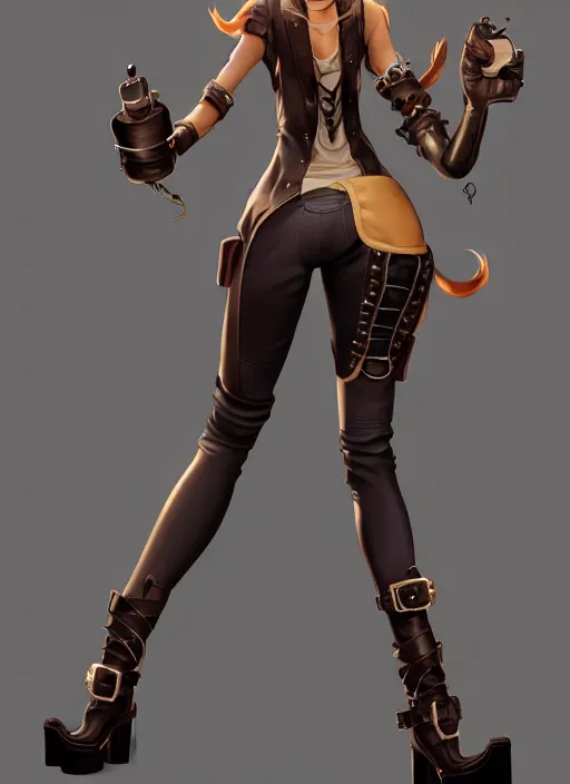 Image similar to wide angle beautiful full body portrait of a strong female anthropomorphic anthro lynx fursona from behind wearing a steampunk leather pants. paw pads instead of feet, character design by disney, anime, manga, charlie bowater, ross tran, artgerm, and makoto shinkai, detailed, soft lighting, rendered in octane