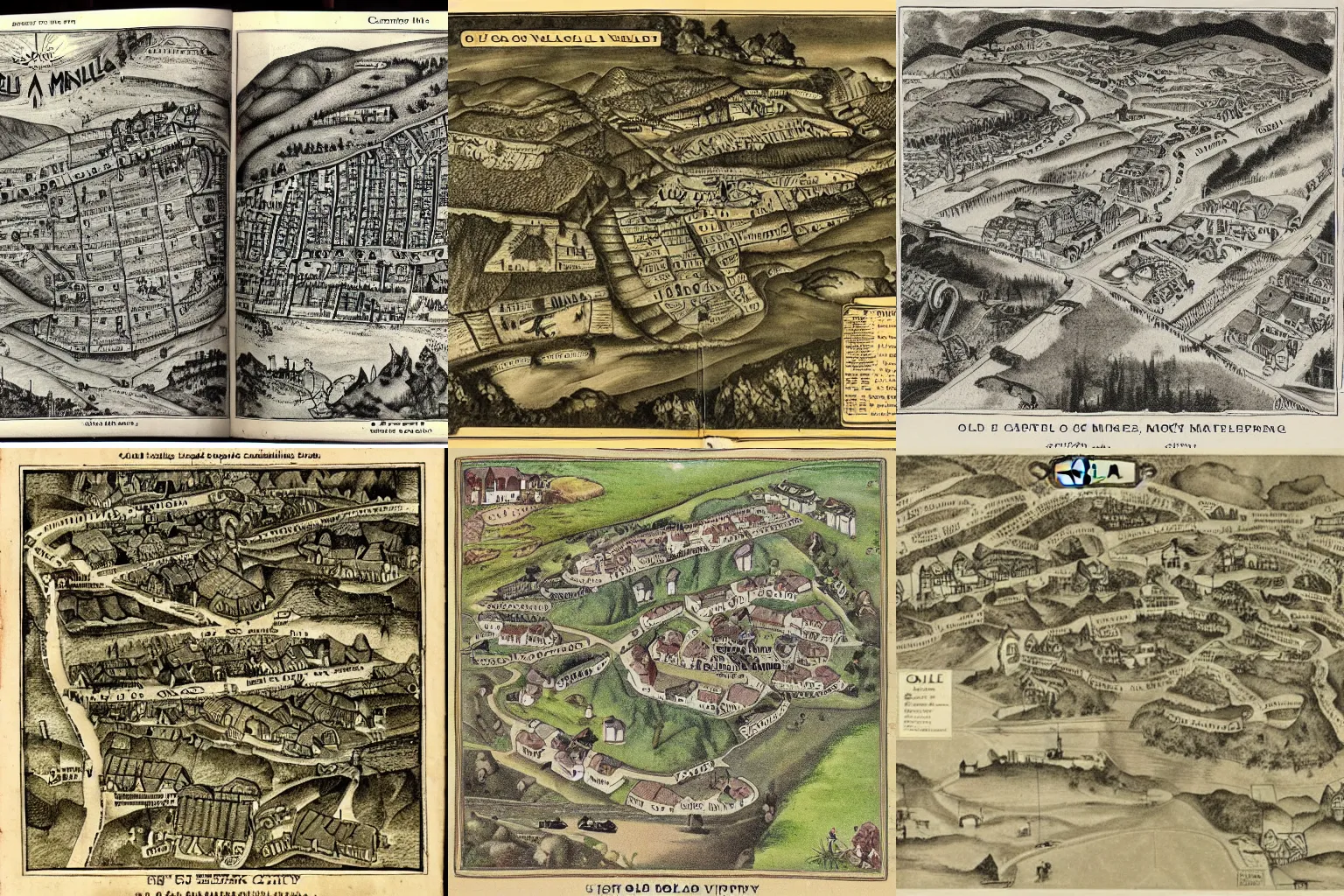 Prompt: of a detailed old vintage story book map of a coal miners village, roads, mines, shops all are on map, cartography, illustration, fantasy, high detail,