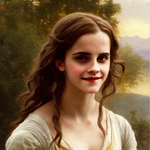 Image similar to Painting of Emma Watson as Hermione Granger. Smiling. Happy. Cheerful. Art by william adolphe bouguereau. During golden hour. Extremely detailed. Beautiful. 4K. Award winning.