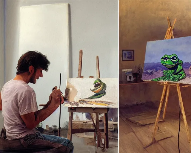 Prompt: an exhausted painter in his studio painting a picture of pepe the frog - key lighting, soft lights, foggy, by steve hanks, by lisa yuskavage, by serov valentin, by tarkovsky, 8 k render, detailed, oil on canvas