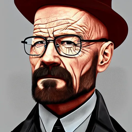 Image similar to Walter White with short pork pie black hat, accurate anatomy, highly detailed, digital art, centered, portrait, serious,