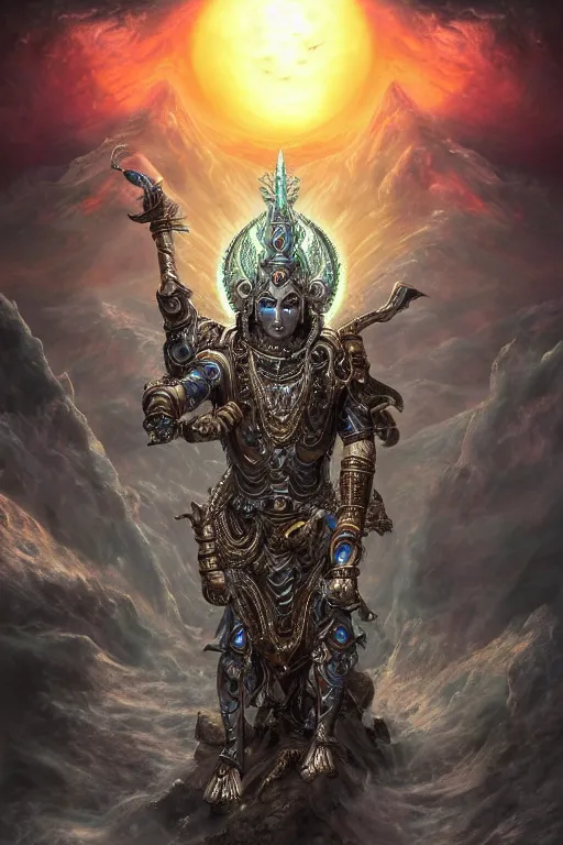 Image similar to an ultra detailed 3 d render of the vishnu as an elden ring boss, epic anime fantasy, 8 k, in the style of a fantasy metal album cover and magic the gathering, volumetric lighting, smooth, highly detailed, digital illustration, octane render, art by albert bierstadt and greg rutkowsi, artstation