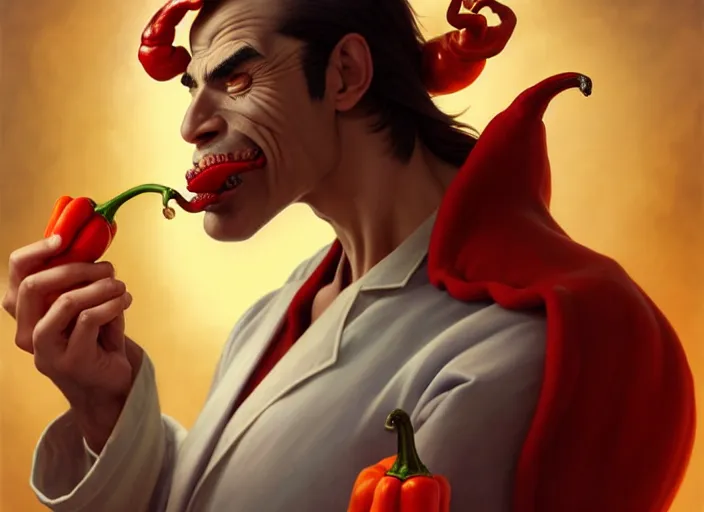 Image similar to a anthropomorphic pepper wearing a lab coat, diffuse lighting, fantasy, intricate, elegant, highly detailed, lifelike, photorealistic, digital painting, artstation, illustration, concept art, smooth, sharp focus, art by frank frazetta and marco bucci and loish and rossdraws and artgerm and alphonse mucha