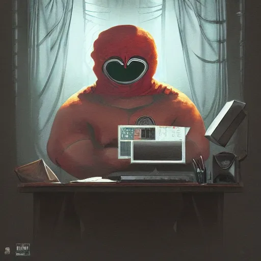 Image similar to a insanely detailed painting of a fat masked superhero wearing a costume sitting at a desk, staring at the nervously at the computer typing, in the style of peter mohrbacher, dramatic lighting and composition, trending on artstation, concept art, comic book