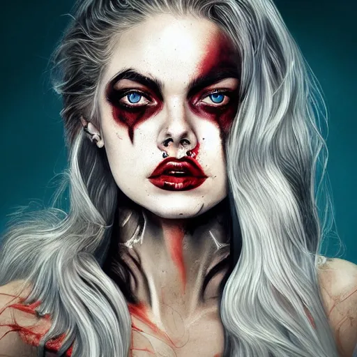 Image similar to in the style of artgerm, Samara Weaving with skull paint on her face, full body, holding a shotgun