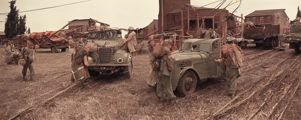 Image similar to transporting spaghetti, world war 2, u. s. army, canon 5 0 mm, kodachrome, in the style of ansel adams, retro