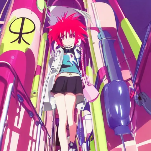 Image similar to anime girl with eccentric clothes, long spiky pink hair, cel - shading, 2 0 0 1 anime, flcl, jet set radio future, golden hour, underground facility, underground tunnel, pipes, rollerbladers, rollerskaters, cel - shaded, jsrf, strong shadows, vivid hues, y 2 k aesthetic