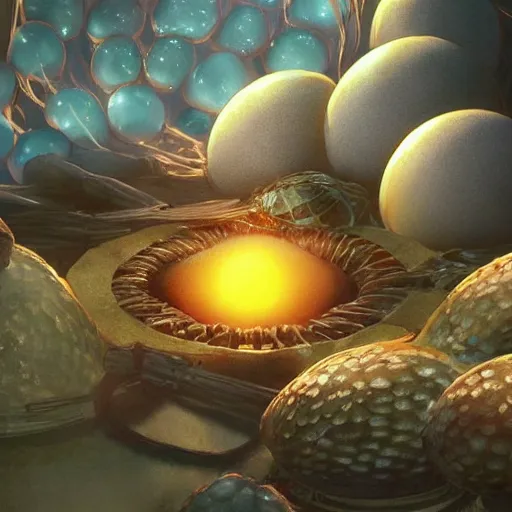 Image similar to Fried eggs made from dragon eggs, fantasy art, art by Makoto Shinkai