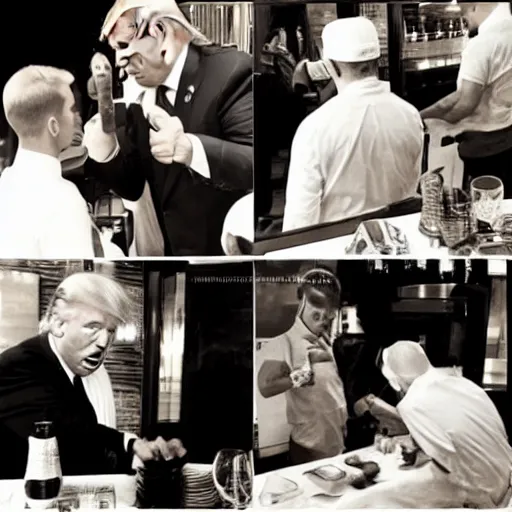 Image similar to Donald Trump doing service in restaurant, paparazzi photo, long focale shoot