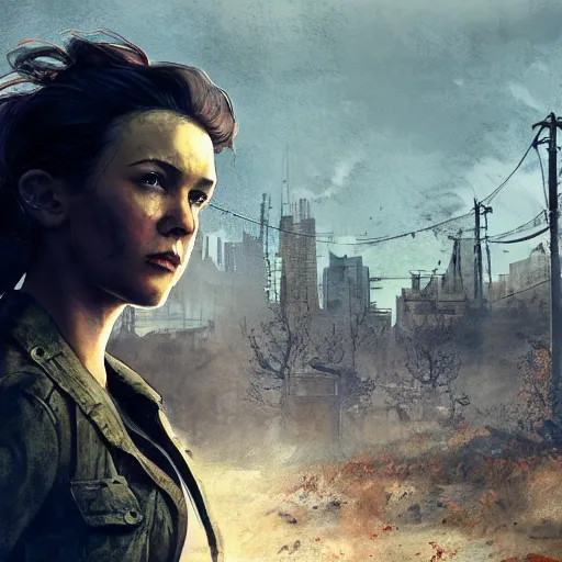 Image similar to fallout 5, charismatic beautiful rugged brunette female protagonist, portrait, outdoors ruined cityscape, atmospheric lighting, painted, intricate, volumetric lighting, beautiful, daytime, sunny weather, slight overcast, sharp focus, deep colours, ultra detailed, by leesha hannigan, ross tran, thierry doizon, kai carpenter, ignacio fernandez rios